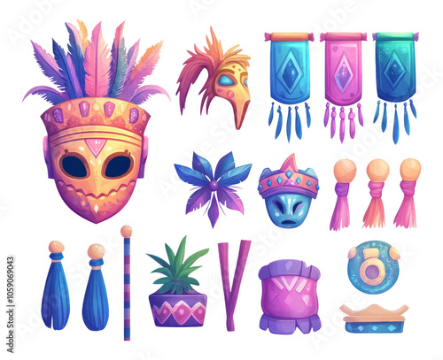 Colorful Tribal Masks and Decorative Elements Collection photo