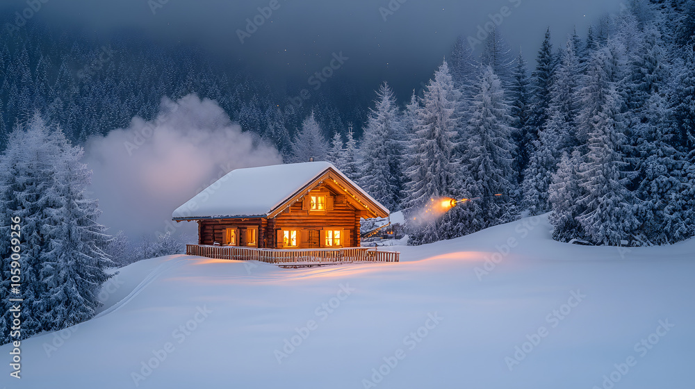 Traditional Winter Wonderland Scene with a Cannon Launching Sparkling Diamond Dust in an Alpine Setting