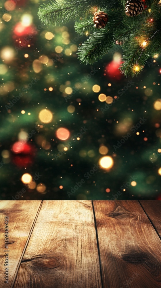 Festive Christmas scene with twinkling lights and pine branches above rustic wooden table, creating a warm and inviting holiday atmosphere for celebrations. Festive Christmas scene with twinkling lights and pine branches above rustic wooden table, creating a warm and inviting holiday atmosphere for celebrations.