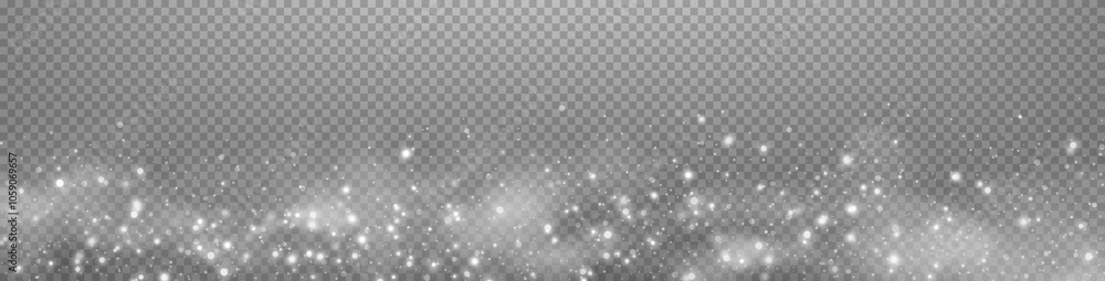 White glittering dots, particles, stars magic sparks. Dust cloud flare light effect. Silver luminous points with smoke. Vector particles on black background White glittering dots, particles, stars magic sparks. Dust cloud flare light effect. Silver luminous points with smoke. Vector particles on black background