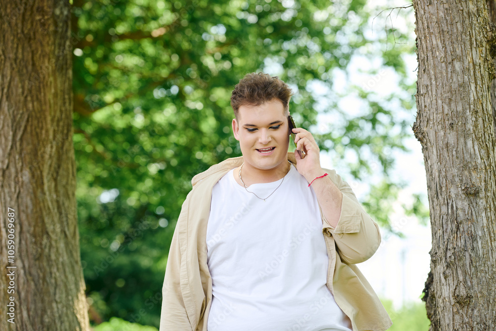 The queer individual smiles while engaged in a phone conversation surrounded by lush greenery. The queer individual smiles while engaged in a phone conversation surrounded by lush greenery.