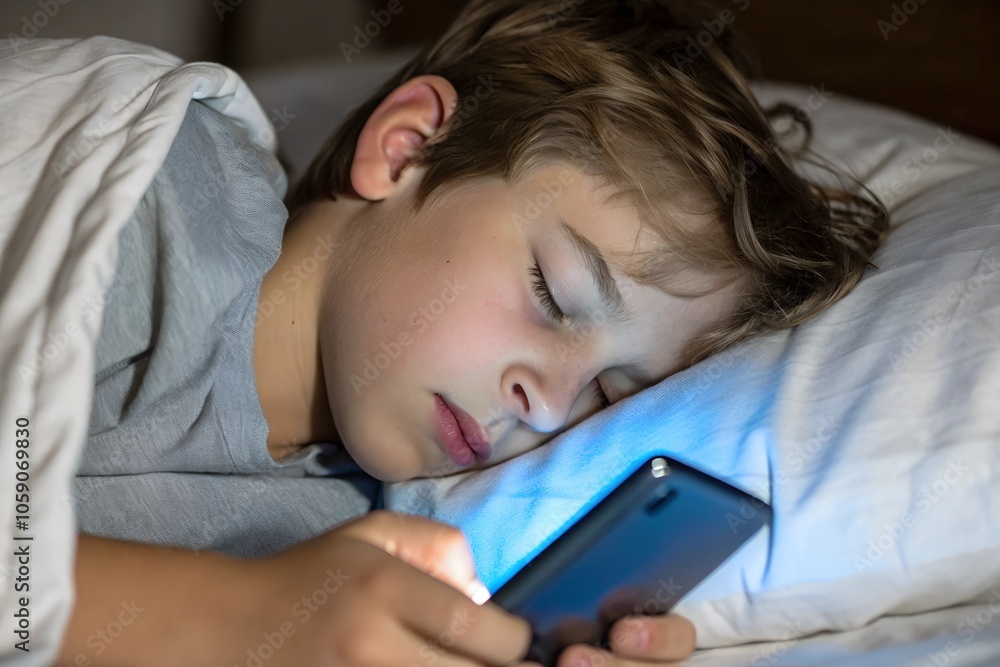 A young boy lying in bed under a blanket, looking at a smartphone screen at night, highlighting the impact of screen time on sleep. A young boy lying in bed under a blanket, looking at a smartphone screen at night, highlighting the impact of screen time on sleep.