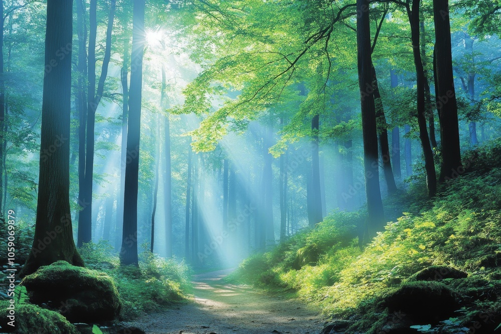 Sunbeams pierce through the dense canopy of a lush forest, illuminating a pathway leading into the heart of nature. Sunbeams pierce through the dense canopy of a lush forest, illuminating a pathway leading into the heart of nature.
