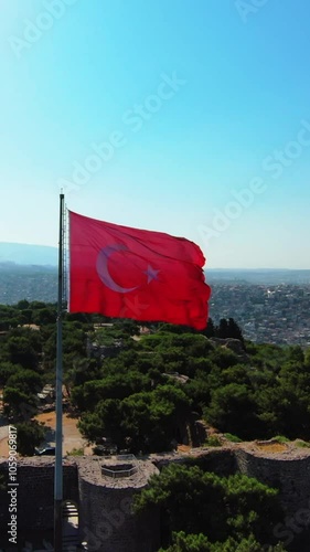 Vertical video of Turkish flag - high quality Turkish flag image taken with fpv drone in izmir, Turkiey photo