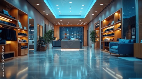 A modern, well-lit retail store with wood and blue accents, featuring a seating area, shelves, and a counter, creating a welcoming shopping experience.