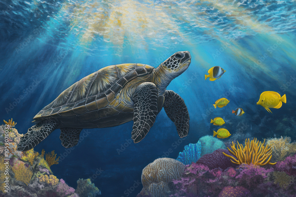 Obraz premium Beneath the surface, a majestic sea turtle glides through a lively coral reef, surrounded by schools of colorful fish and vibrant aquatic plant life in clear waters.