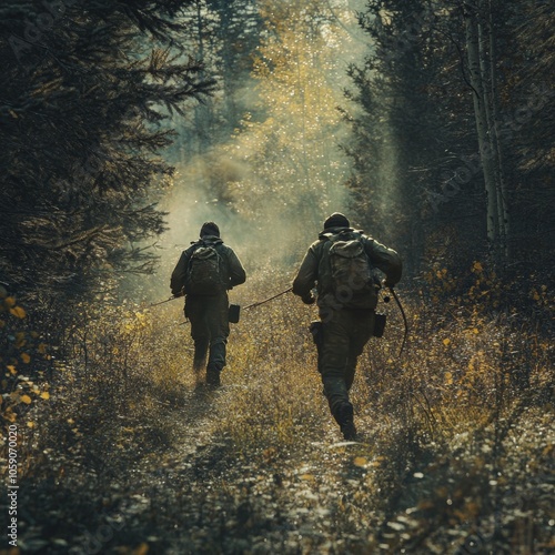 Two men with backpacks running through a forest path with sunlight breaking through the trees in the distance.