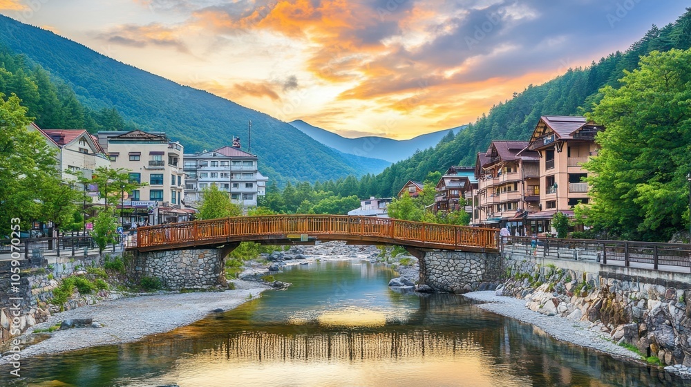 Fototapeta premium Scenic Mountain Village with Sunset Reflection