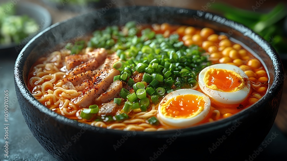 A bowl of steaming ramen with chicken, egg, and corn. A bowl of steaming ramen with chicken, egg, and corn.