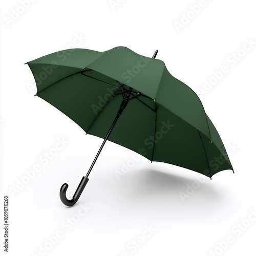 A green umbrella with a black handle and a white background.