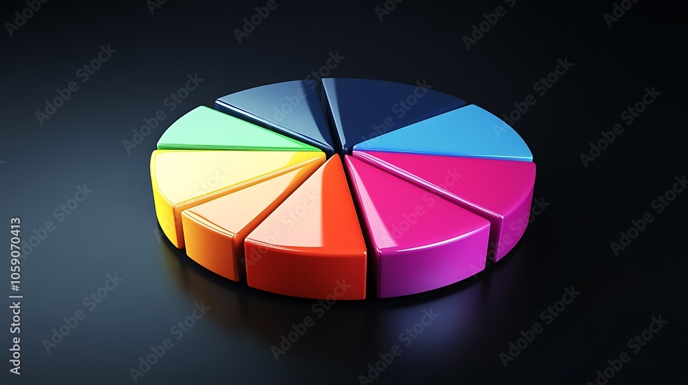 Obraz premium A colorful pie chart with eight segments, representing data visualization in a vibrant design.