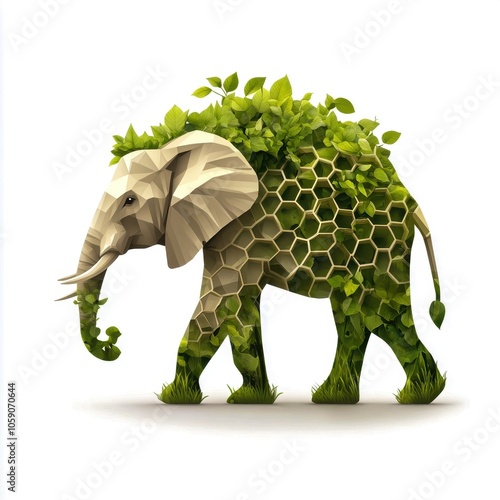 A stylized illustration of an elephant adorned with leaves and honeycomb patterns, symbolizing nature and conservation. photo