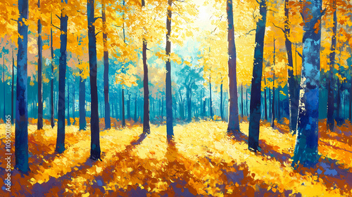 Vivid sunlit forest in spring, experience the vitality and liveliness. Sunlit Forest. Illustration