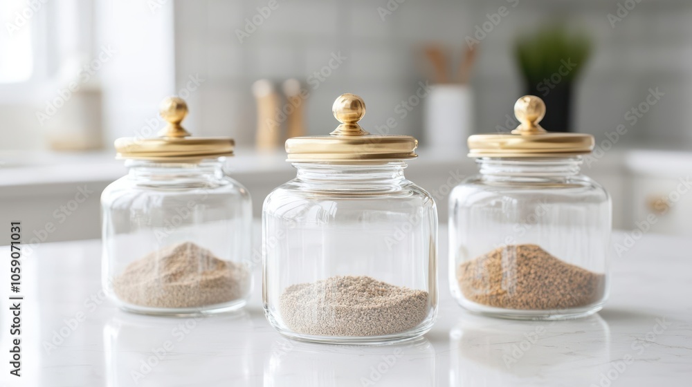 Three glass jars with grains and a white background, perfect for kitchen decor. Three glass jars with grains and a white background, perfect for kitchen decor.