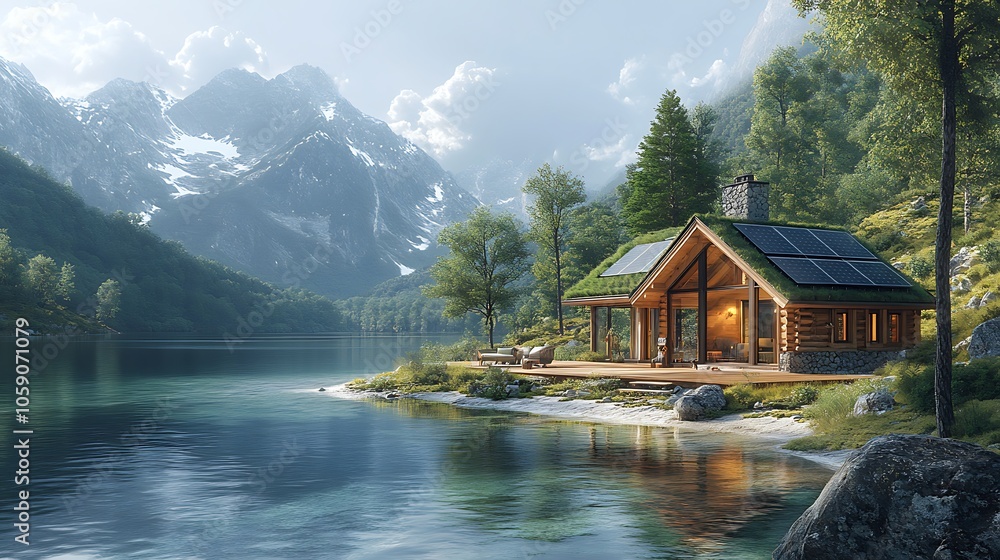 A cozy log cabin with a green roof and solar panels sits on the edge of a tranquil lake in a mountain valley. A cozy log cabin with a green roof and solar panels sits on the edge of a tranquil lake in a mountain valley.
