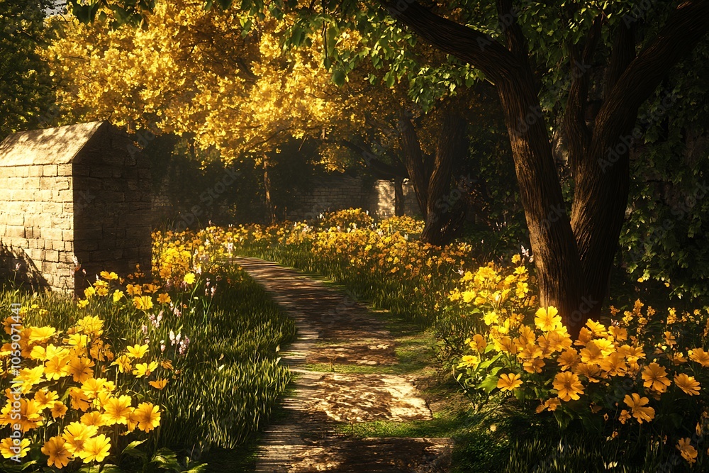 A serene path through a vibrant garden filled with yellow flowers and lush greenery. A serene path through a vibrant garden filled with yellow flowers and lush greenery.