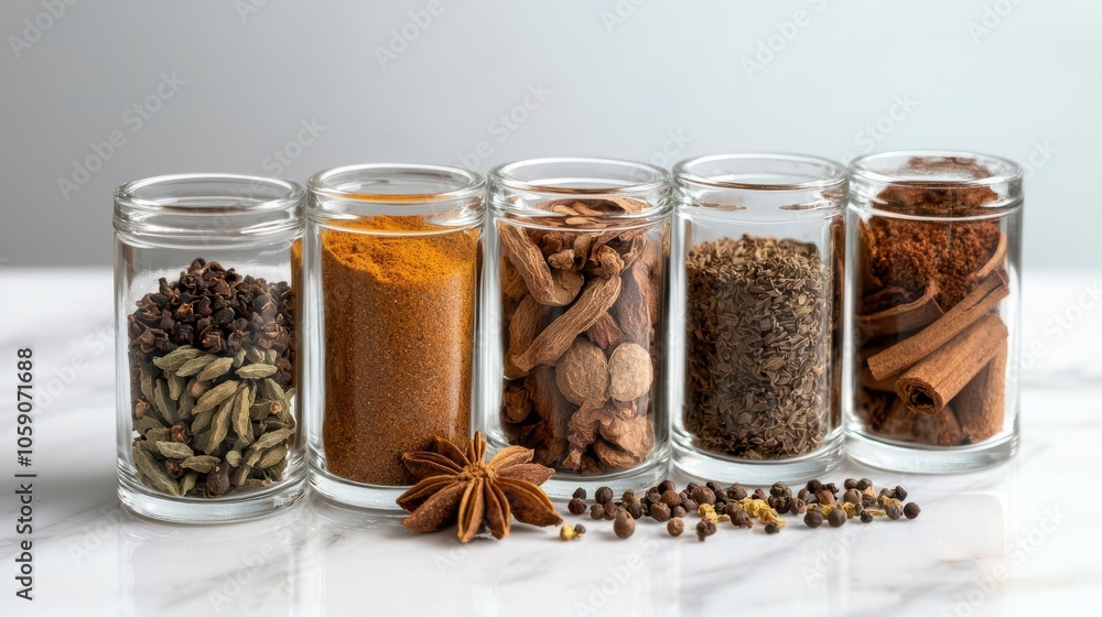 Colorful spices in glass jars on a marble countertop, showcasing culinary variety. Colorful spices in glass jars on a marble countertop, showcasing culinary variety.