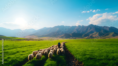 Scenic pastoral landscape with sheep grazing under a clear blue sky.