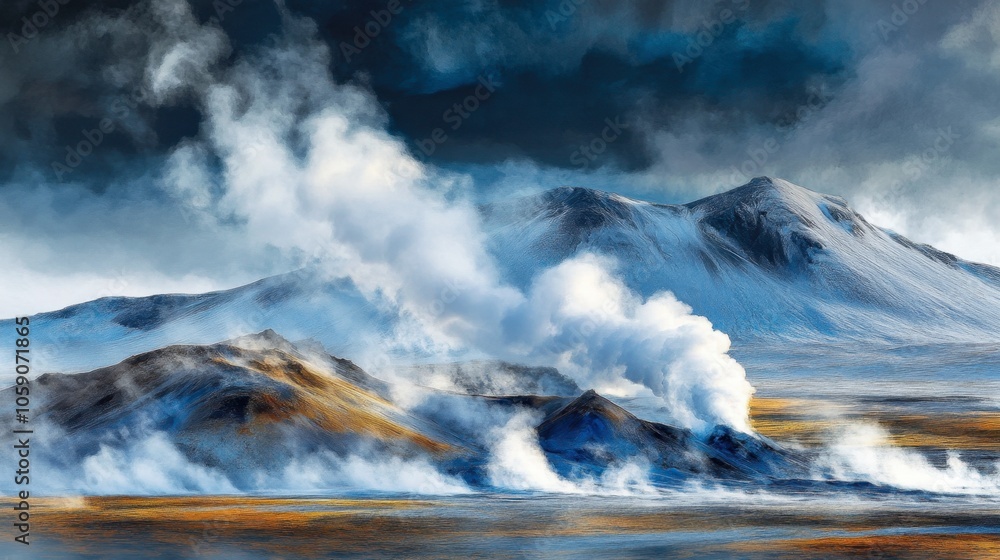 Fototapeta premium Majestic Landscape with Volcanic Eruptions and Clouds