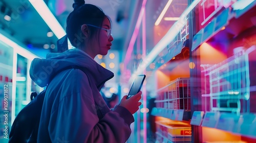 Futuristic shopping interface projected from a mobile phone held by a customer, showing detailed digital payment options and product previews, set in a bright, minimalistic background with soft