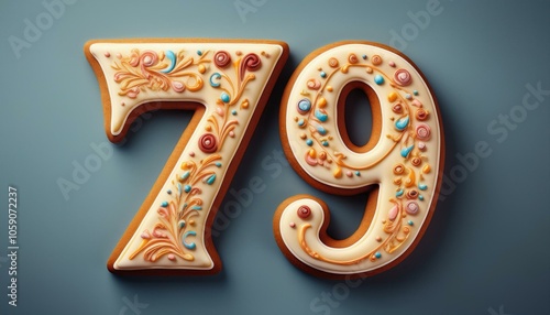 Decorated cookie, number 79, image for birthday or anniversary celebration photo