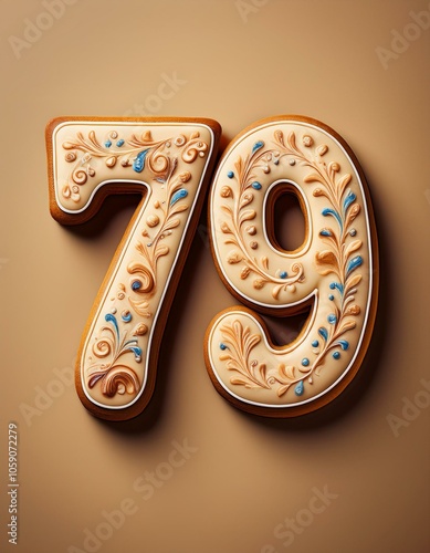 Decorated cookie, number 79, image for birthday or anniversary celebration photo