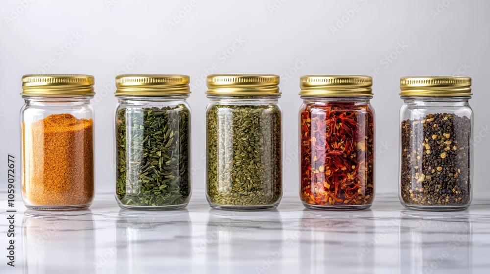 Assorted spice jars with golden lids on a marble surface, white isolated background. Assorted spice jars with golden lids on a marble surface, white isolated background.