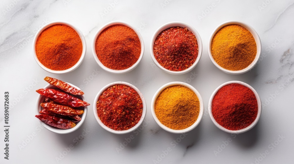 Variety of colorful spices in bowls on a marble surface, vibrant and flavorful. Variety of colorful spices in bowls on a marble surface, vibrant and flavorful.