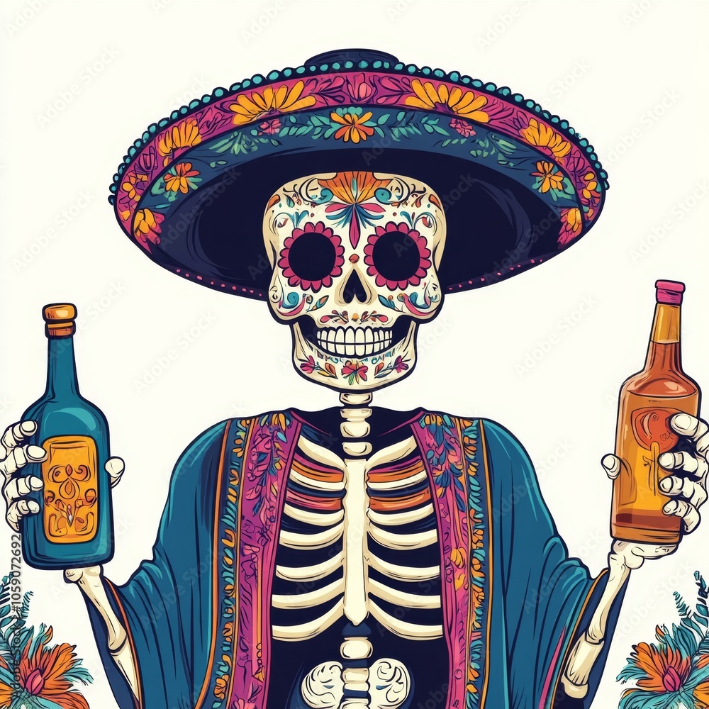 Colorful Dia de los Muertos Skeleton with Sombrero Holding Bottles