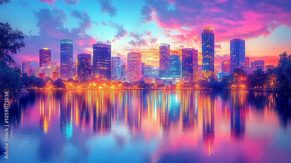 Obraz premium A vibrant cityscape at sunset, with skyscrapers reflected in a calm lake. The sky is ablaze with pink, orange, and blue hues, creating a breathtaking scene.