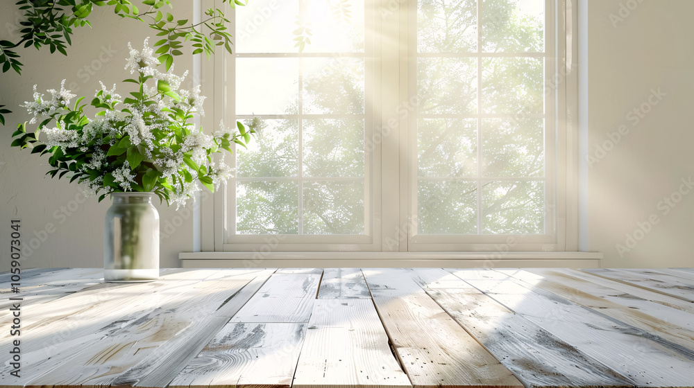 Fototapeta premium White Wood Table with Large Spring Window and Copy Space