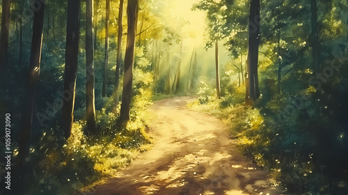 Watercolor painting of a forest path. Sunlit Forest. Illustration