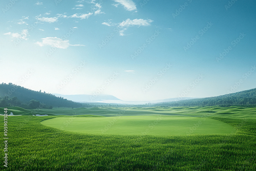 A beautiful background of green grass and mountains, blue sky, golf course, bright color scheme
A beautiful background of green grass and mountains, blue sky, golf course, bright color scheme