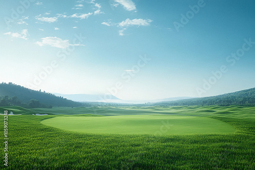  A beautiful background of green grass and mountains, blue sky, golf course, bright color scheme