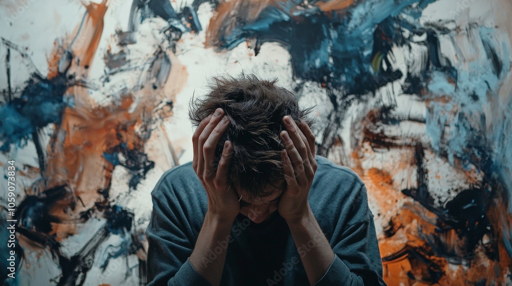 Obraz premium A person overwhelmed with stress, head in hands, surrounded by a chaotic environment