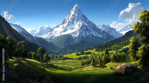 Majestic Mountain Peak with Valley and River