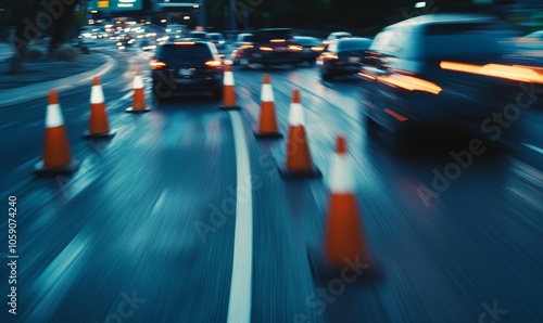 Blurry street at night with traffic cones.
