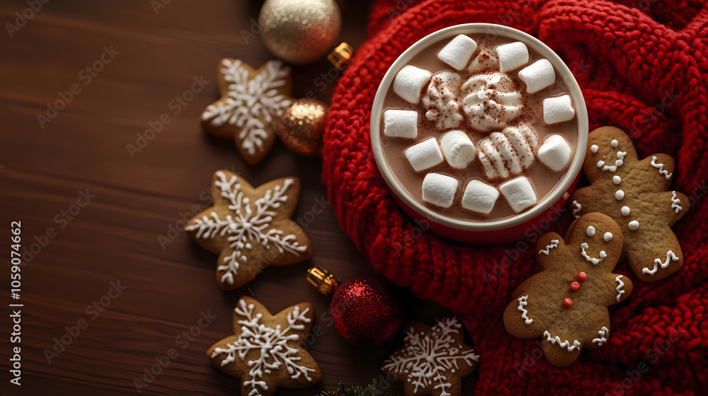 Fototapeta premium Cozy hot chocolate with marshmallows and festive cookies on a warm table. Generative AI.