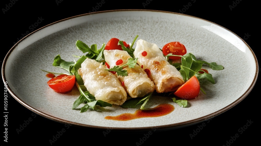Delicious Spring Rolls on Plate with Fresh Greens Delicious Spring Rolls on Plate with Fresh Greens