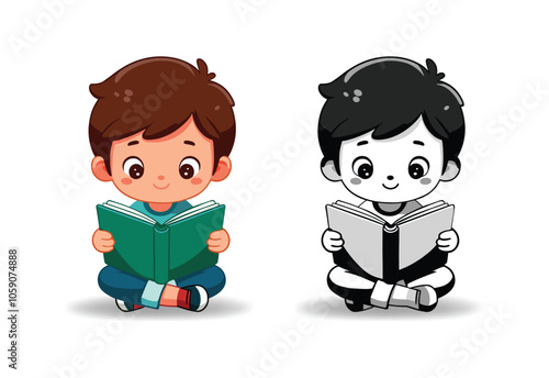 a joyful young schoolboy sitting at home happily studying from colorful textbooks immersed in knowledge. the vibrant illustration captures his innocence focus and love for learning. student silhouette