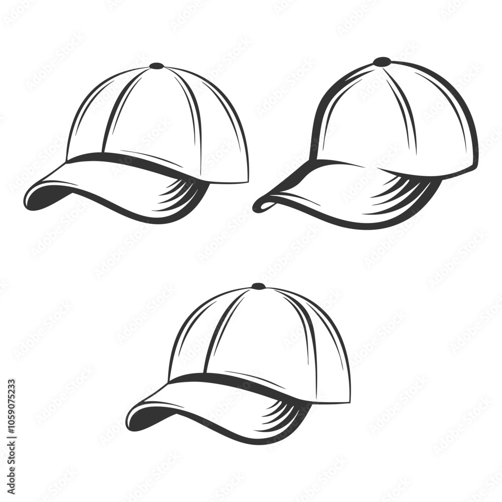 Baseball Cap Silhouette outline Vector Set in white background. Baseball Cap Silhouette outline Vector Set in white background.