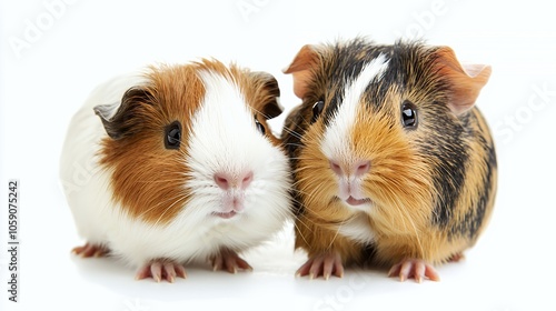 Two adorable guinea pigs with brown, white, and black fur looking at the camera.