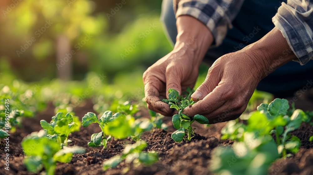 A person planting seeds in a vegetable garden, showing the nurturing aspect of agricultural labor
