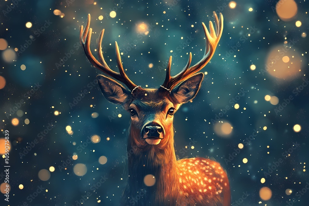 Majestic deer illuminated by festive lights during a snowy Christmas. Generative AI. Majestic deer illuminated by festive lights during a snowy Christmas. Generative AI.