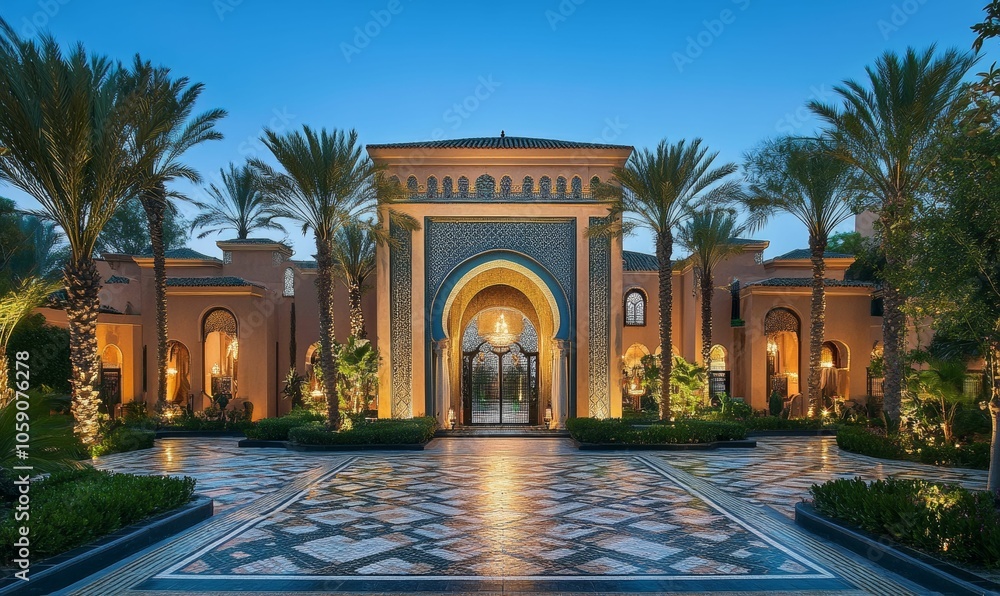 Obraz premium Ornate palace entrance with palm trees.