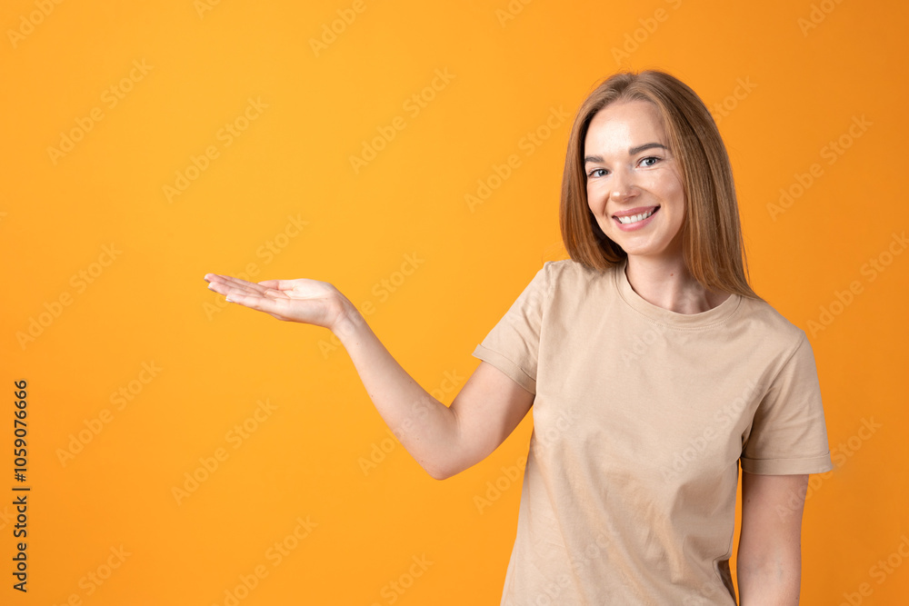 Lifestyle, business and commercial concept. A smiling young lady extends her hand out as if displaying something, in a warm orange backdrop Lifestyle, business and commercial concept. A smiling young lady extends her hand out as if displaying something, in a warm orange backdrop
