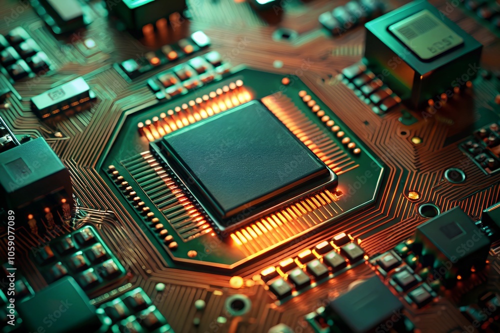 Close-up of a glowing microchip on a circuit board, symbolizing advanced artificial intelligence and modern technology. Vibrant green and orange tones highlight the intricate design. Close-up of a glowing microchip on a circuit board, symbolizing advanced artificial intelligence and modern technology. Vibrant green and orange tones highlight the intricate design.