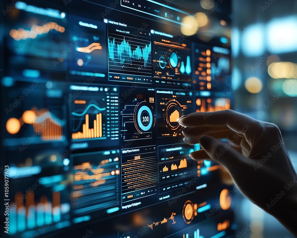 Illustration of a person navigating a digital dashboard filled with analytics from social networks, highlighting the strategic use of business technologies for growth Illustration of a person navigating a digital dashboard filled with analytics from social networks, highlighting the strategic use of business technologies for growth