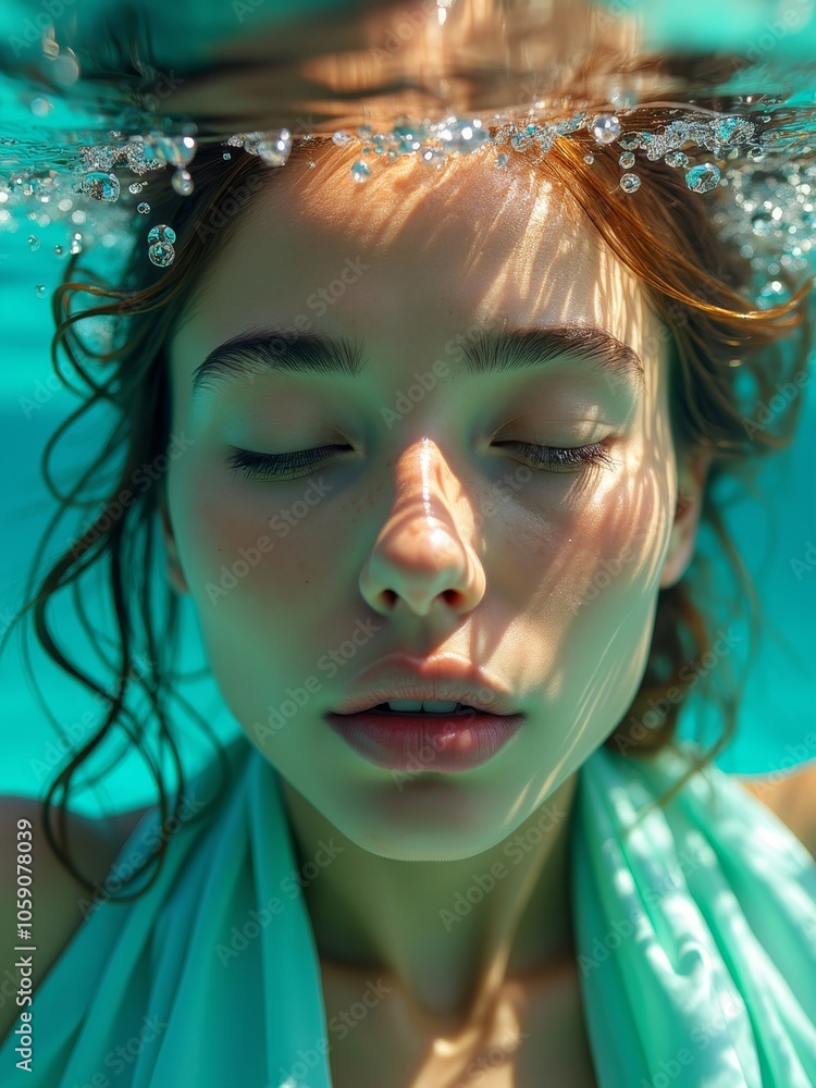 Serene underwater portrait of relaxed woman submerged in tranquil blue water Serene underwater portrait of relaxed woman submerged in tranquil blue water