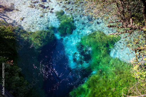 top view of blue eye mountain spring, albania, most famous tourist location